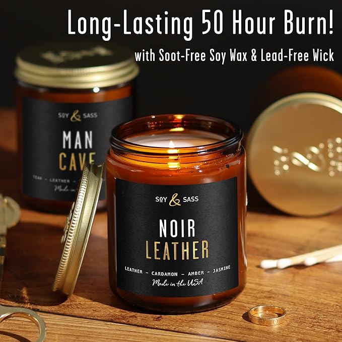 Noir Leather Candle I Scented Black Candles for Men or Women - Leather, Cardamon & Jasmine Soy Wax Mens Candle - Essential Oil Infused I Gifts for Men I Long 50Hr Burn, 9oz I Made in USA