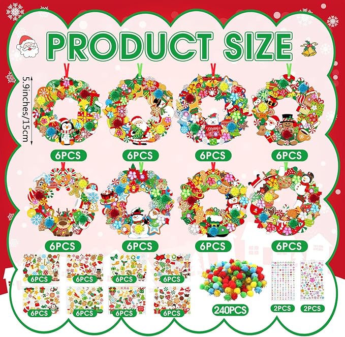 Hollowfly 48 Sets Christmas Wreath Craft Kits for DIY Santa Claus Wreath Hanging Ornaments Make Your Own Paper Xmas Craft with Stickers for Christmas Party Favors School Classroom Activities