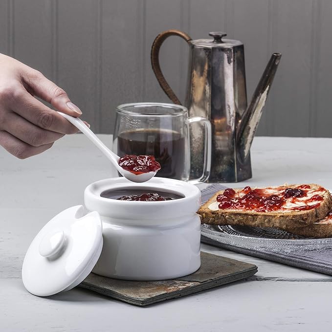 WM Bartleet & Sons 1750 T259 Traditional Porcelain Sugar/Jam/Mustard Pot with Lid & Spoon 10cm – White