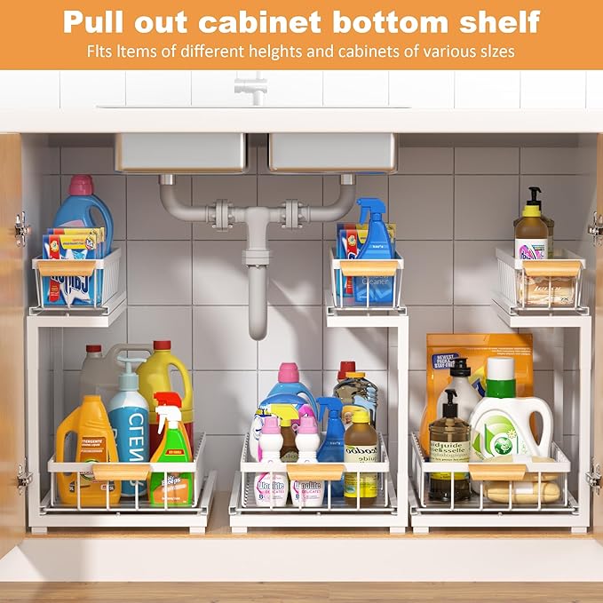 Under Sink Organizer 2 Tier, Pull Out Drawer Slides Under Sink Storage for Bathroom Kitchen,Multi-Purpose Drawer Under Cabinet Organizer for Cleaning Supplies (White, Large-2 Pack)