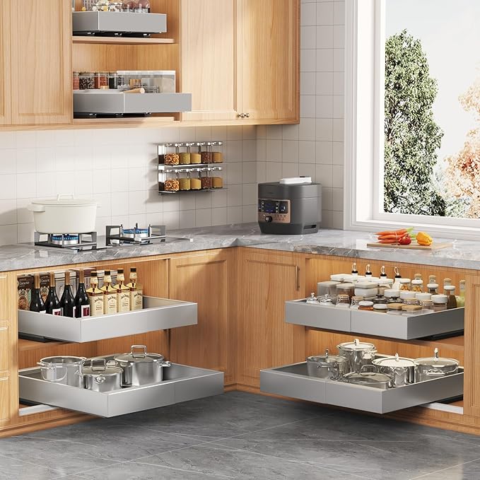 2 Pack Expandable Width (9"-14.1") Pull Out Cabinet Organizer 21" Deep with Raising Pad for Framed Cabinets, Upgrade 3 Slide Rails Slide Out Drawers, Roll Out Shelves Adhesive, Silver