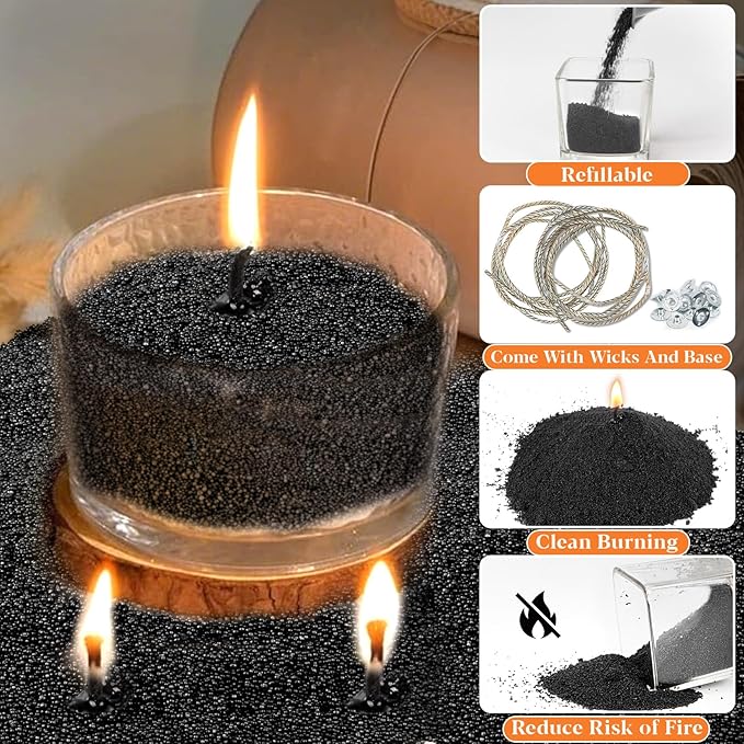Sukh Candle Sand Wax with Wicks and Wick Tabs- 450g DIY Black Pearled Candle Wax, Refillable Pearled Sand Candles with Wicks, for Making Candles for Halloween, Party