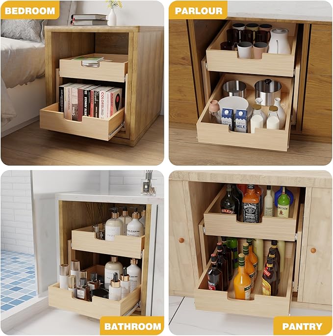 Pull Out Cabinet Organizer, 17''W×21''D×16''H Soft Close Slide Out Wooden Pull out Drawers, Double Tier Slide out Wood Cabinet Organizer, for Base Cabinet Organization in Kitchen, Pantry, Bathroom
