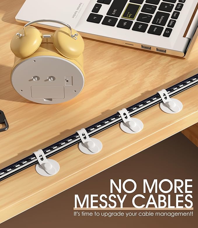 Nearockle Cable Management Under Desk, Adjustable Self-Adhesive Silicone Cable Ties Cord Organizer, Reusable Heavy-Duty Cord Holder Under Table for Office, Home, School (20Pcs-White)
