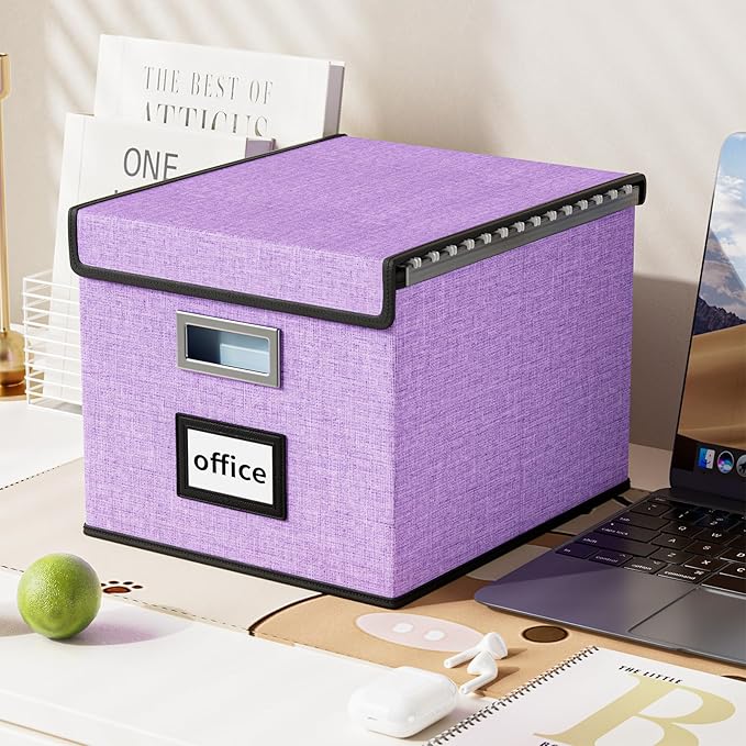 Huolewa File Organizer Box with Lid, Collapsible File Folder Organizer for Office Document Storage, Filing Box with Plastic Slide for Letter Size Hanging File Folders(1 Pack, Lavender)