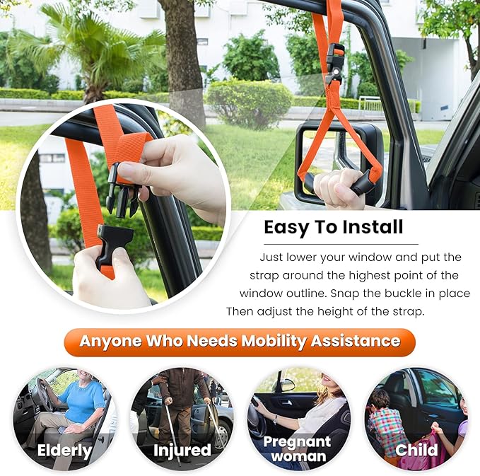 E-cowlboy Auto Cane Grab Handle Adjustable Standing Aid Safety Bar Portable Vehicle Support Grab Bar Nylon Grip Mobility Assist Device (Orange 2 Pack)