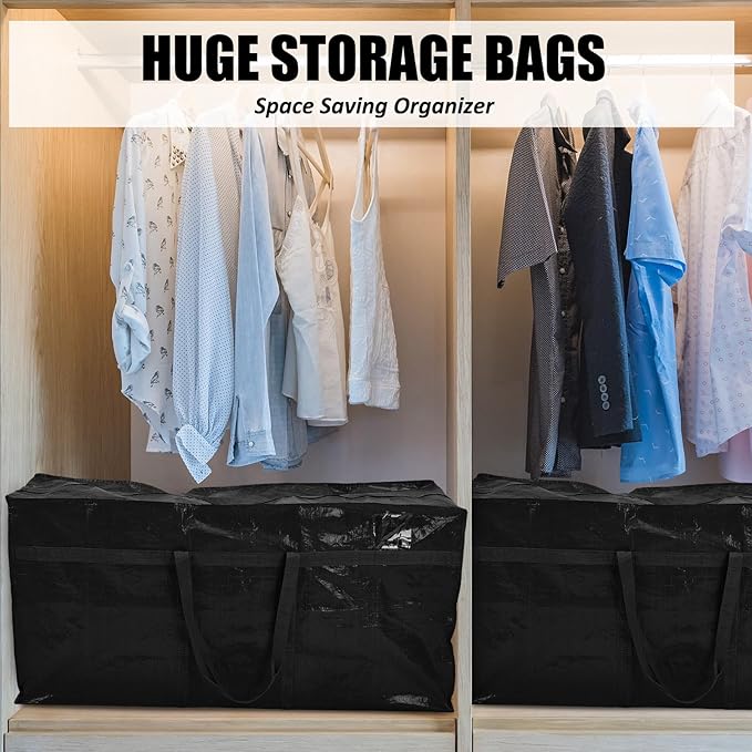 Windyun 6 Pack 69 Gallon Extra Large Moving Bags XXL Heavy Duty Storage Bag with Strong Zipper Handle Jumbo Big Tote Box Foldable for College Dorm Travel Clothes Duffle Blanket Pillow(Black)