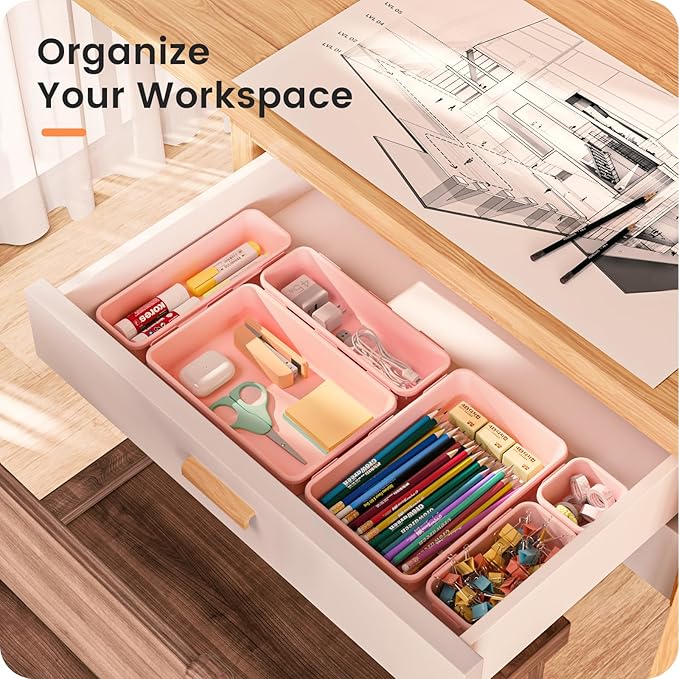 【𝟮𝟴𝗣𝗖𝗦】 【𝟱𝗦𝗶𝘇𝗲】 Pink Drawer Organizer, Makeup organizer, 【Holds 177 Items】 Bathroom Organizers and Storage, Plastic Desk Organizer Divider, Organizer Bins for Office Vanity A-LUGEI
