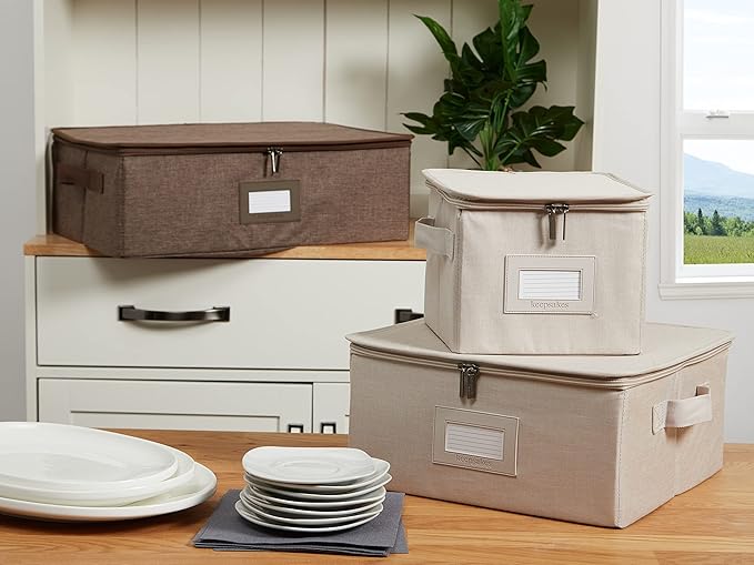 Covermates Dish Storage Box – China & Dinner Plate Storage Container with Dual Zippers, Reinforced Handles, ID Window & Stackable Structured Walls for Dishware Organization, Beige Heather