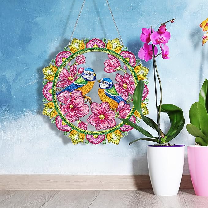 Birds and Flowers Gem Art Hanging Pendant with LED Light String DIY Diamond Art Painting Spring Wreaths Hanging Ornament Special Shape Rhinestones by Number Kits Outdoor Garden Yard Spring Door Decor