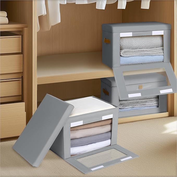 Small Fabric Storage bins - Collapsible Storage Bins with Open Window, 3 Pack Closet Baskets for Shelves, Stackable Decorative Boxes for Home, Dorm, Grey, 13.7"x 9.8" x 9.8"