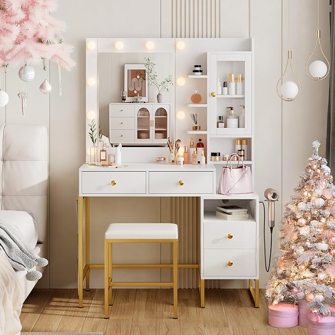 YIKEHOME Makeup Vanity Desk with Mirror and 10 Lights, 3-Colour Hollywood Brighter Bulbs, Vanity Table Set with Large Drawers and and Charging Station for Bedroom Dressing Room White