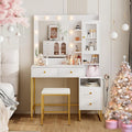 YIKEHOME Makeup Vanity Desk with Mirror and 10 Lights, 3-Colour Hollywood Brighter Bulbs, Vanity Table Set with Large Drawers and and Charging Station for Bedroom Dressing Room White