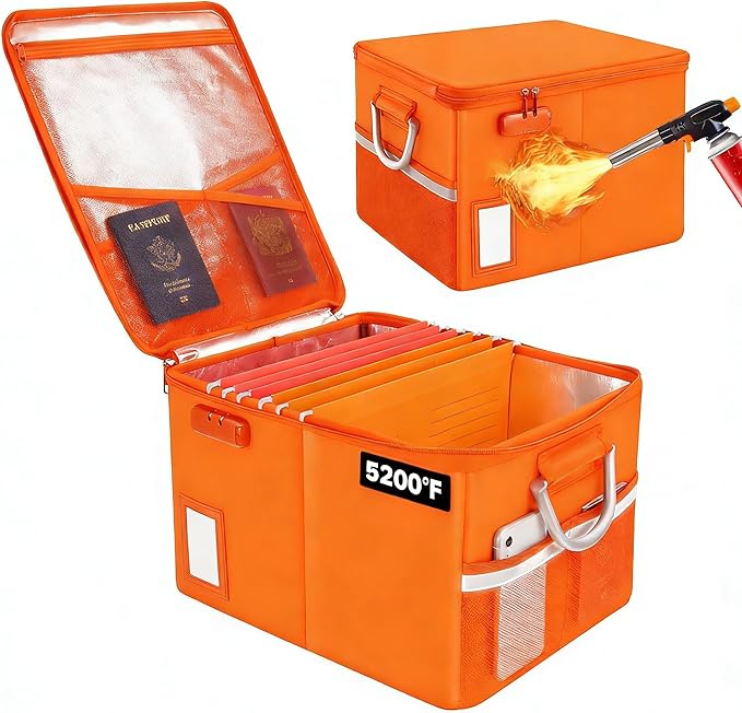 TOMKID Fireproof File Cabinet with Lock, Fireproof Document Organizer Collapsible File Box Filing Cabinet with Handle for Letter Legal Folder Certifications (Orange-Upgrade)