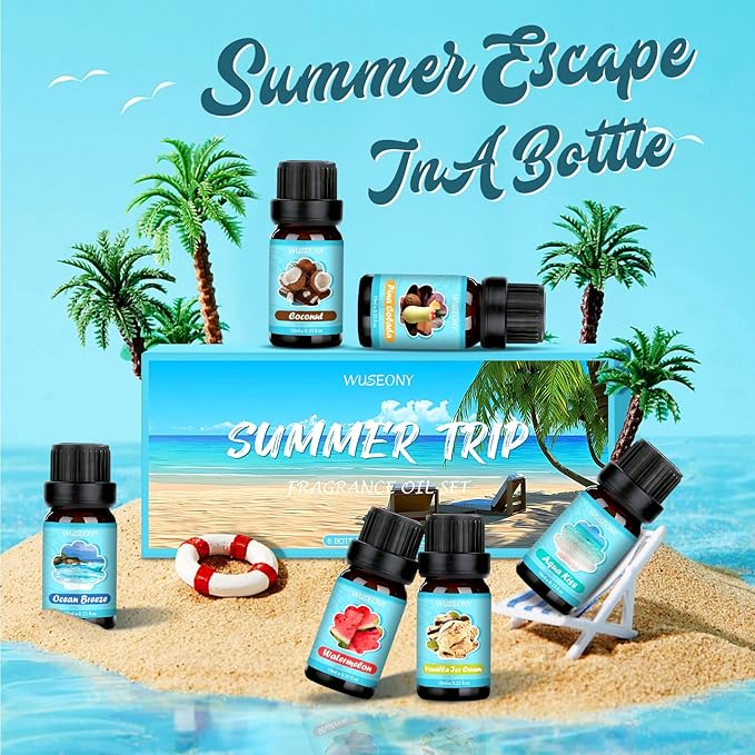 WUSEONY Summer Fragrance Oils Set, Premium Essential Oils for Diffuser, Natural Aromatherapy Oils for Soap Candle Making - Ocean Breeze, Coconut, Pina Colada, Watermelon, Vanilla Ice Cream, Aqua Kiss