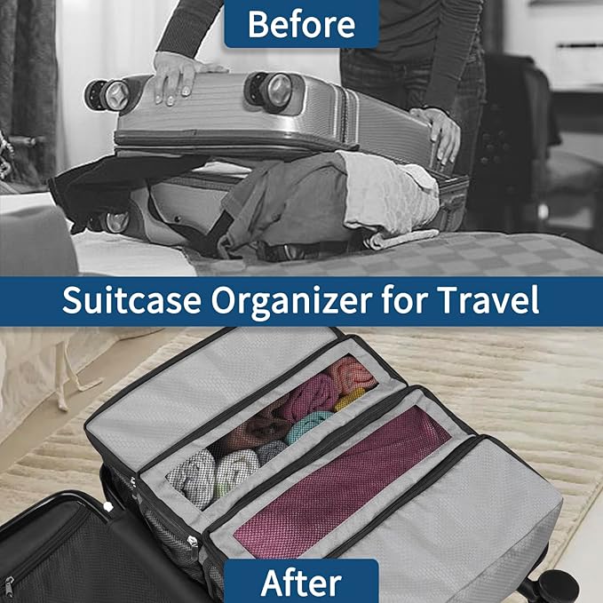 esouler Suitcase Organizer, Travel Luggage Organizer hanging packing cubes for travel，portable hanging travel shelves Collapsible closet organizer for Carry-on (Grey, Medium)
