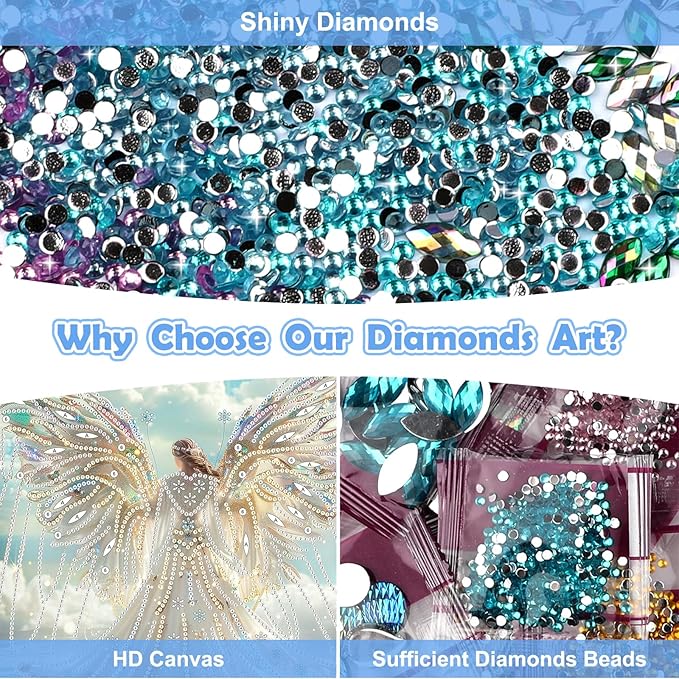 NEWENMO Angel Diamonds Painting Kits for Adults Beginner DIY 5D Colorful Wings Diamond Art Paint with Special Shape Diamonds, Full Drill Gem Art Diamonds Painting Kit for Home Wall Decor 12x12Inch