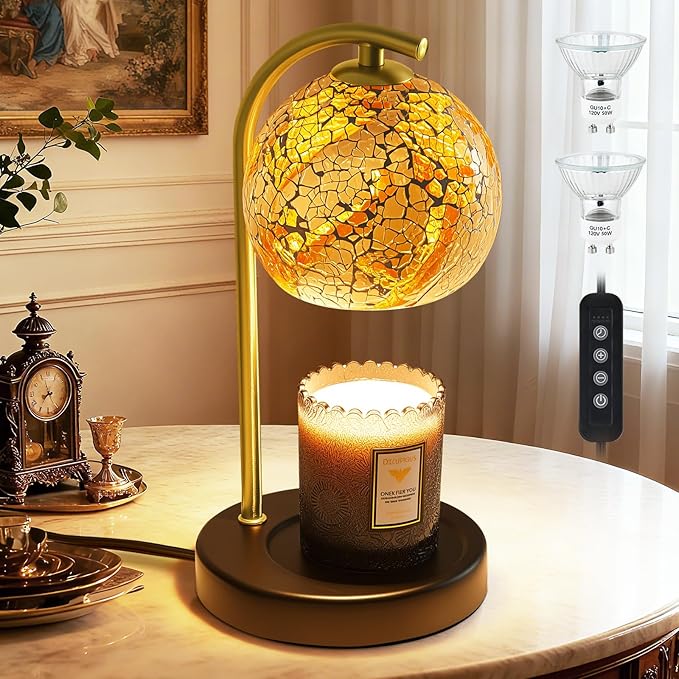 Womens Gifts for Christmas Candle Warmer Lamp, Dimmable Scented Wax Melt Warmer with Timer, Housewarming Gifts for Home Bedroom Decor, Xmas Birthday Gifts for Mom, 2 Bulbs, White+Gold