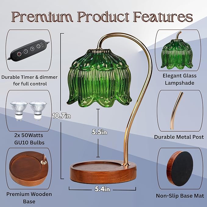 Candle Warmer Lamp with Timer, Dimmable Wax Melt Lamp for Large & Standard Jar Candles, Includes 2 GU10 Bulbs, Elegant Vintage Home Decor Gift for Women & Mom (A1-Green Lotus)