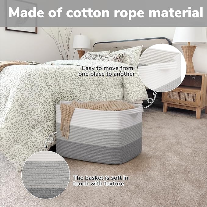 Goodpick Large Woven Basket, Rectangle Rope Storage Baskets for Organizing, Blanket Basket with Handles for Living Room, Nursery, Gradient Gray, 18 x 14 x 12 Inches