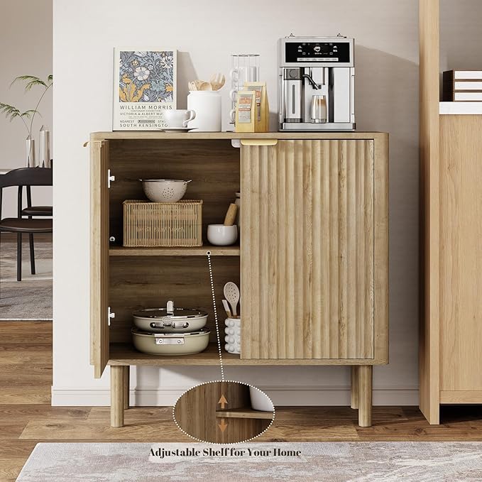 Sideboard Buffet Cabinet with Storage, Modern Fluted Accent Credenza with Doors & Adjustable Shelves, Wood Coffee Bar Console Table for Living Room, Dining Room, Kitchen or Entryway 31.5"(2pcs)Oak