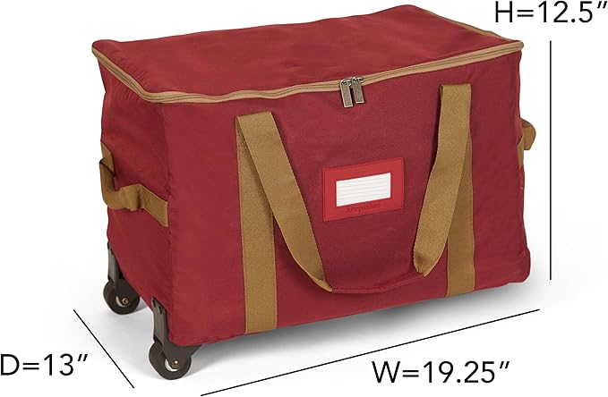 Covermates Keepsakes Rolling Adjustable Ornament Storage Bag – Heavy-Duty Polyester, FlexGrid Trays & Padded Dividers – Protective Holiday Organizer with Wheels, Handles & ID Window, Red
