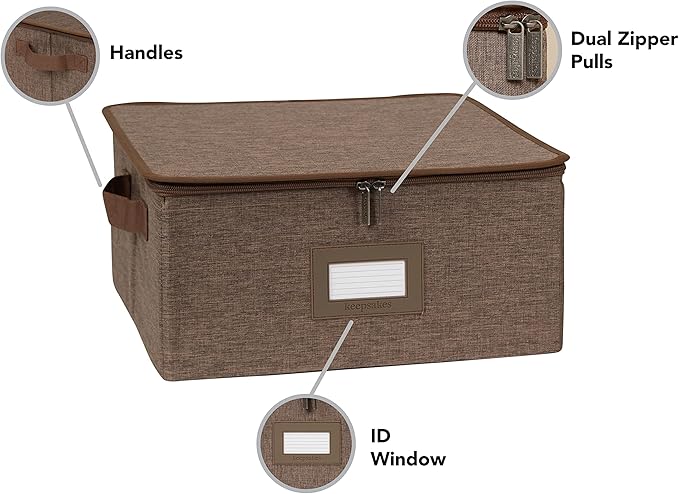 Covermates Dish Storage Box – China & Dinner Plate Storage Container with Dual Zippers, Reinforced Handles, ID Window & Stackable Structured Walls for Dishware Organization, Brown Heather