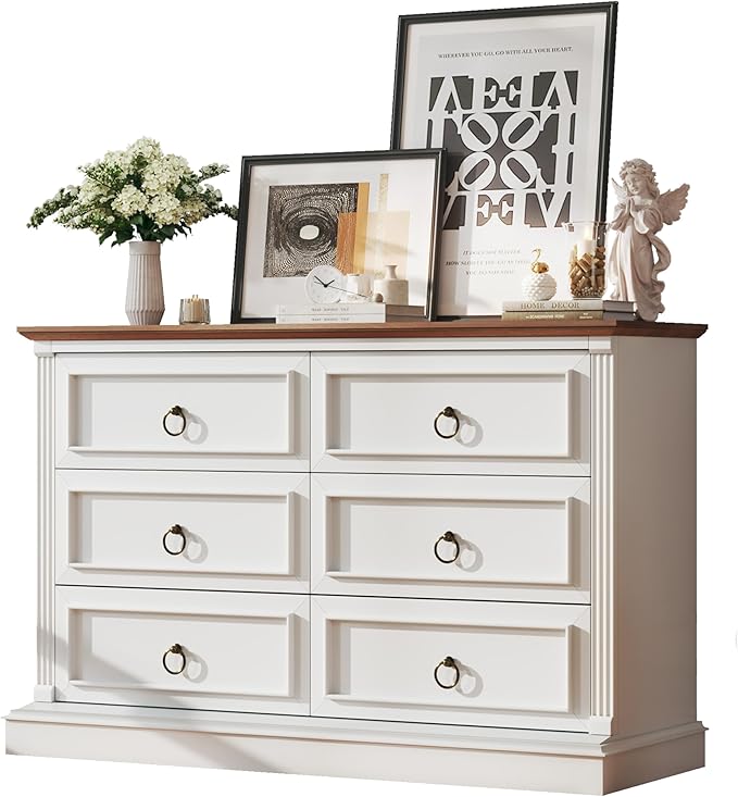 HUAHUU Farmhouse 6 Drawer Dresser for Bedroom, 47" Wide Chest of Drawers with Roman Column, White Wood Dresser with Antique Bronze Circle Handles, Storage Organizer for Living Room, Hallway, Entryway