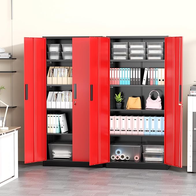 Greenvelly Metal Garage Storage Cabinet with Lock, 72" Metal Storage Cabinet with 2Doors and 4Adjustable Shelves, Steel Tool Cabinet for Home Office, School,Gym (Black&Red)