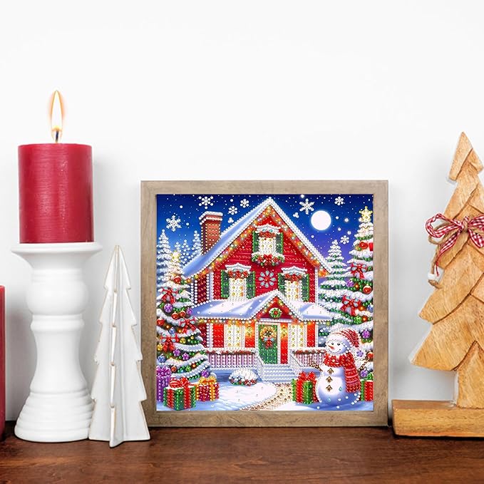 5D Snowman Xmas House Special Shape Diamond Art Kits for Beginners, Christmas Winter Theme Diamonds Painting Kits for Adults,DIY Crystal Rhinestones Diamond Paintings for Home Wall Decor 12×12Inch