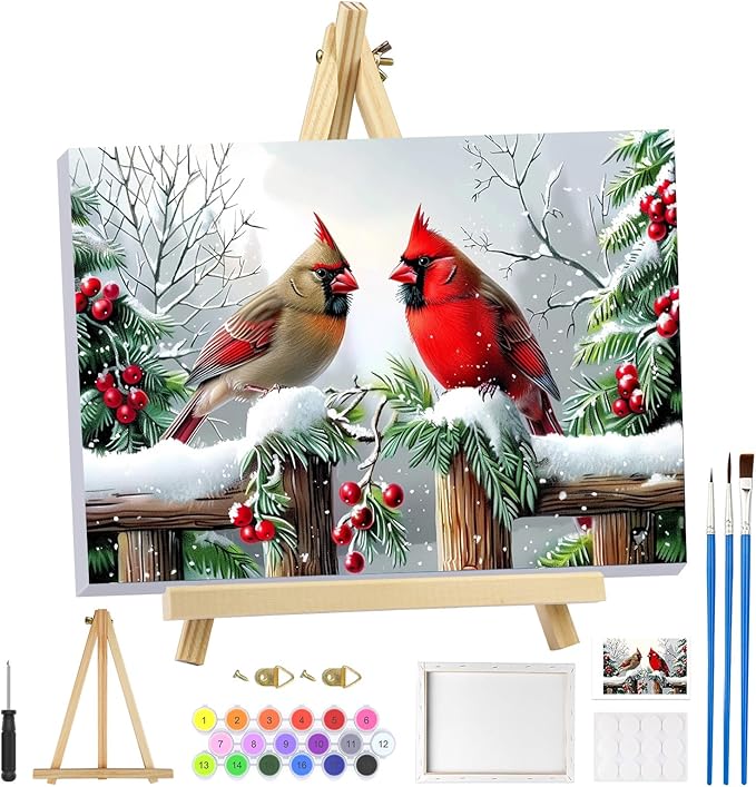 MOGTAA Christmas Paint by Numbers Kit for Adults Beginners with Frame, Winter Cardinal Adult Paint by Number Kits on Canvas with Easel, Easy DIY Oil Painting Kits for Home Decor, 8x12in