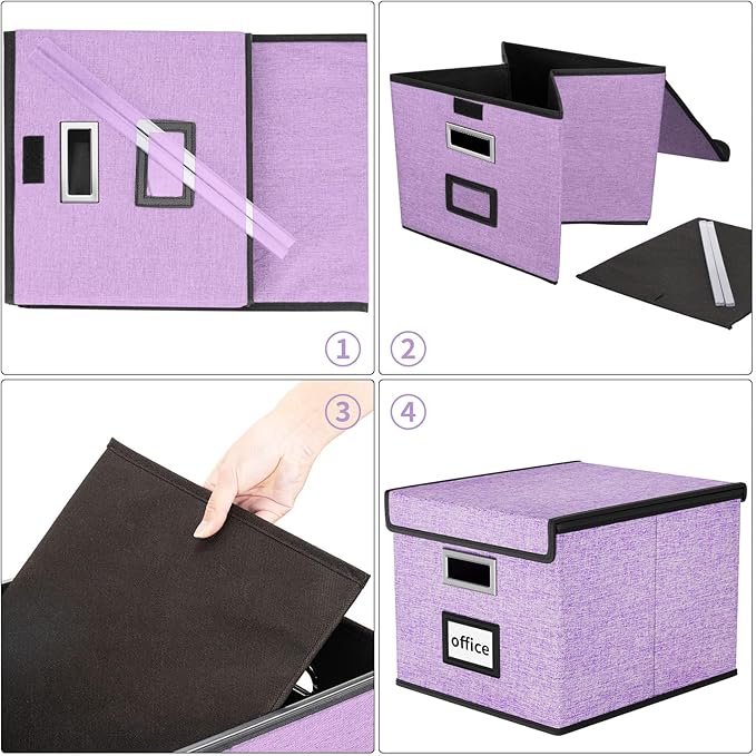 Huolewa File Organizer Box with Lid, Collapsible File Folder Organizer for Office Document Storage, Filing Box with Plastic Slide for Letter Size Hanging File Folders(1 Pack, Lavender)