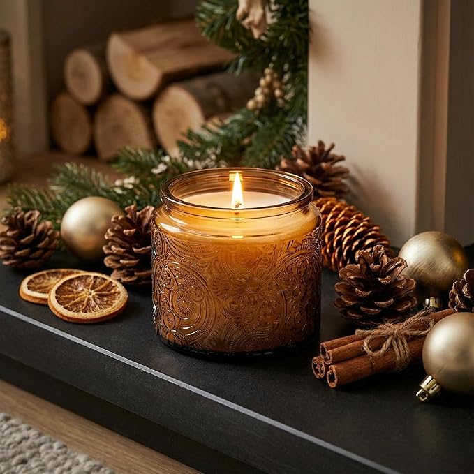 9-Pack 10 oz Sun Moon Star Embossed Glass Candle Jars with Mirror Lids and Labels - Unique Amber Candle Containers with Lids for Candle Making