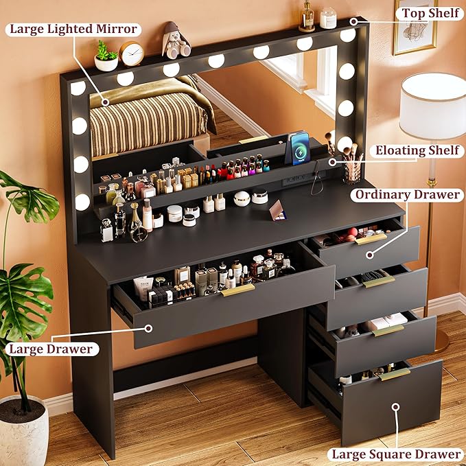 Makeup Vanity Desk with Mirror and Lights, 39.3in Vanity Desk with LED Lights, 3 Color Modes, Built-in Power Outlet, Vanity Desk with Large Storage & 5 Drawers for Bedroom and Dressing Room, Black