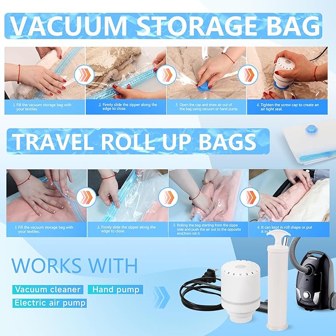 Vacuum Storage Bags with Electric Air Pump, 25 Pack Compression Bag, Space Saving Vacuum Sealer Bags for Clothes, Blanket, Duvets, Pillows, Comforters Travel, Two Compressing Ways