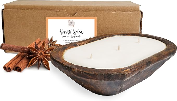 Aira Fall Dough Bowl Candle - Organic, Kosher, Vegan, Hand Carved Wood Bowl Candle & Aromatherapy Essential Oils - Hand-Poured 100% Soy Candle Wax - Paraffin Free, Long Lasting - Harvest Spice - 13 Oz