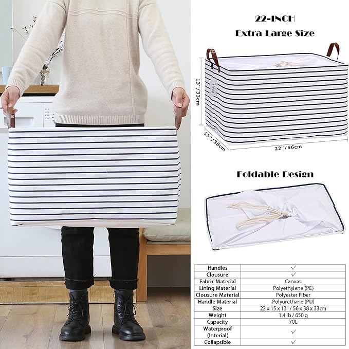 Hinwo 70L Extra Large Storage Bins, 4-Pack Closet Organizers and Storage, Foldable Clothes Storage Baskets with Handles, Containers for Clothing, Blanket, Comforters, Toys, Bedding (Gray)