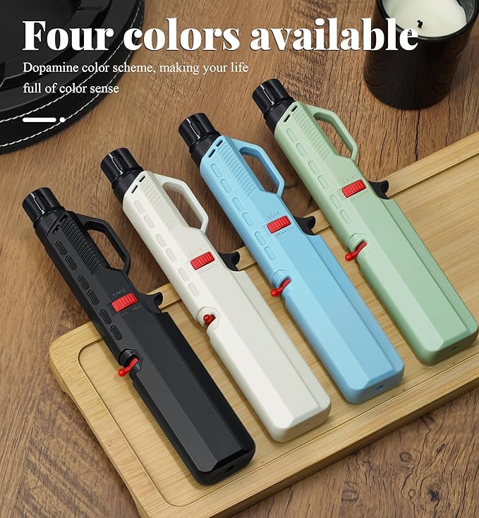 4 Pack of Torch Lighter, Windproof & Adjustable Jet Flame, with Visible Window & Safety Lock, Long Butane Gas Refillable Lighters for Candle, Grill, Camping (NO Gas)