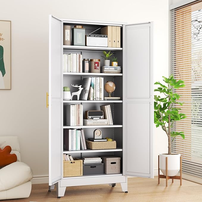 Ckzbx Metal Cabinets with Doors and Shelves, 75" H White Storage Cabinet Pantry Cabinet Garage Cabinets for Kitchen,Living Room, Dinning Room
