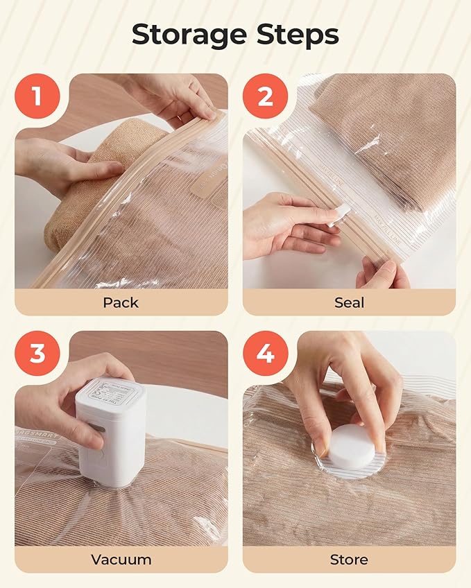 BAGSMART Vacuum Bags for Travel with Rechargeable Air Pump, Portable Space Saver Bags for Travel & Home, Vacuum Compression Seal Bag for Clothing, Blanket, 18 Pack Khaki Brown