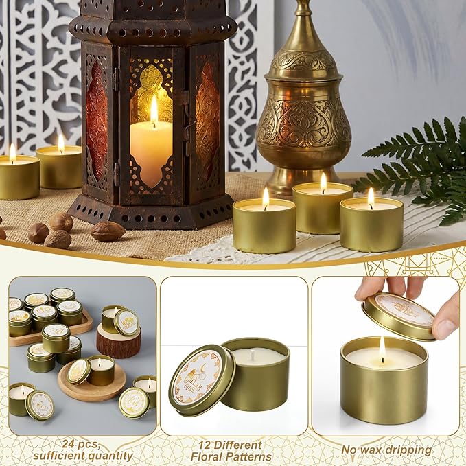 Nuanchu 24 Pack Eid Mubarak Scented Candles Gift 2 oz Golden Star and Moon Design Ramadan Aromatherapy Soy Wax Jars Lasting Bulk Favors for Home Islamic Holiday Party Decor