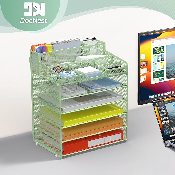 Docnest 6 Tier Mesh Desk Organizer for Paper Office Supplies – Multi-Functional Letter Tray with 5 Adjustable Compartments, 6 Pen Holders, Desktop Storage for Files, Mail, Stationery – Green