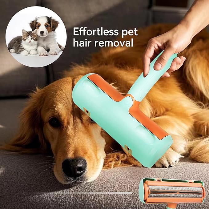 Pet Hair Remover & Lint Roller - Removes Cat/Dog Hair from Car Interiors, Furniture, Couches, Carpets, and Bedding - Reusable & Washable Animal Fur Removal Tool for Pet Owners (Green&Orange)