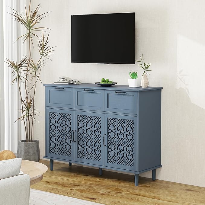 Blue 3 Doors 3 Drawers Buffet Sideboard Cabinet - Accent Cabinet with Adjustable Shelves，47 Inch Wide Wood Storage Cabinets for Dining Room,Living Room and Kitchen