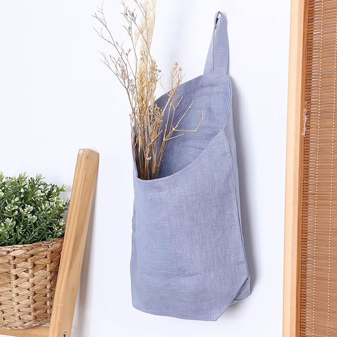 100% Linen Hanging Bags - 2 Pcs, Small Wall Storage Baskets for Kitchen, Bedroom, RV, Camper Organizer, Sewing Room, Nursery, Kids Room, Blue