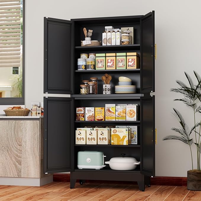 75" H Tall Kitchen Pantry Cabinet, Pantry Storage with Doors and 3 Adjustable Shelves, Metal Storage, Cupboard for Kitchen, Black