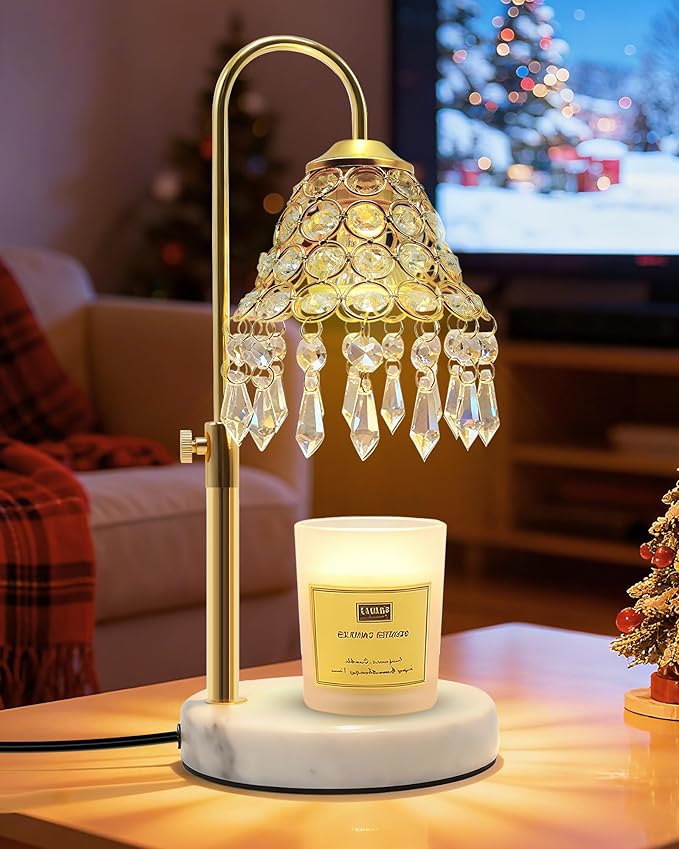 Crystal Candle Warmer Lamp with Timer and Dimmer - 2-in-1 Electric Wax Melt Burner & Dimmable Table Lamp, Adjustable Height Stand, White Marble Base, Birthday Gifts for Women, Elegant Home Decor