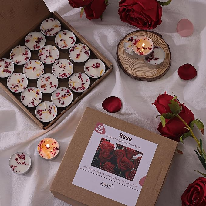 LAMORGIFT 48 Pcs Rose Scented Tealight Candles, 6H Long Burning - Palm Wax Based, Non-Toxic/Smokeless, Bulk for Spa, Bath, Wedding