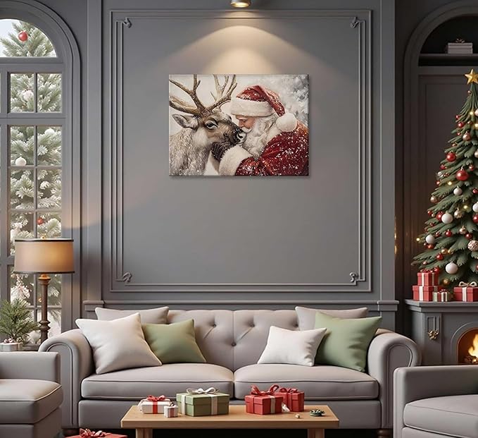 Paint by Number Kit for Adults & Kids, Santa and Reindeer Christmas DIY Painting Kit with Brushes, Paints & Hanging Kit, 16x20 Inch Canvas, Holiday Gift & Home Decor Art Project Framed