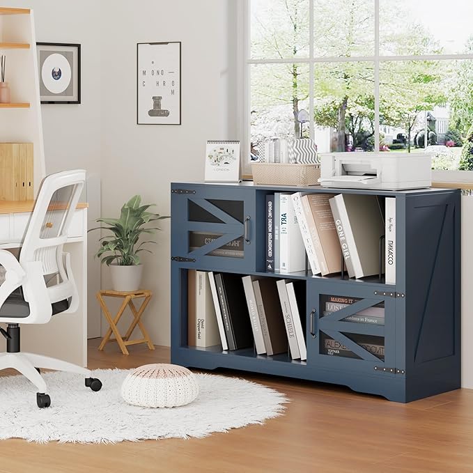 Large Record Player Stand with Vinyl Storage, 500+ Vinyl Record Storage Cabinet, 47 Inch Record Player Table with Power Outlet, Farmhouse Wooden Turntable Stand for Living Room, Blue